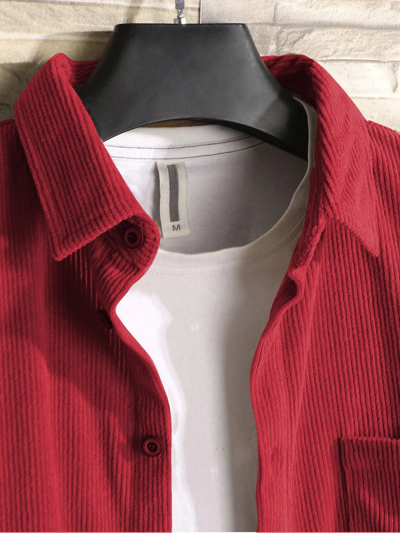 Charming Red  Men Corduroy Solid Shirt With Pocket