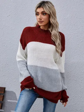 Color Block Rib-Knit Tunic Sweater