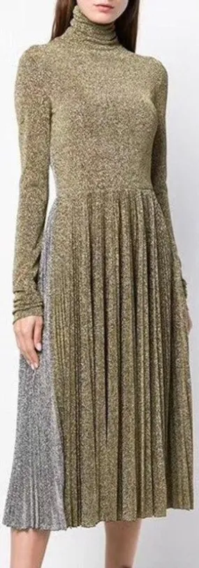 Color-Contrast Glitter Pleated Turtle-Neck Dress