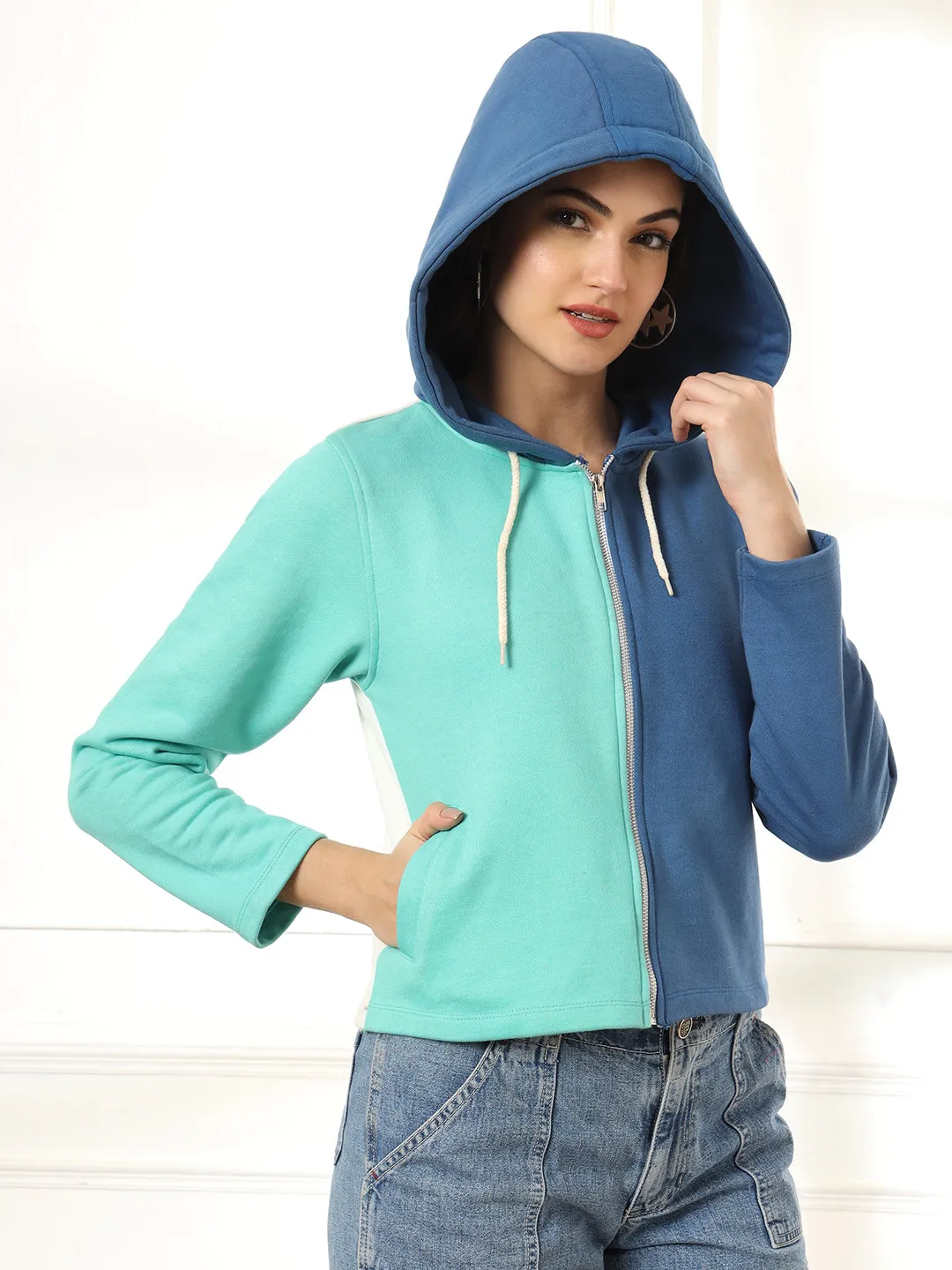 Colourblocked Hooded Cotton Front Open Sweatshirt