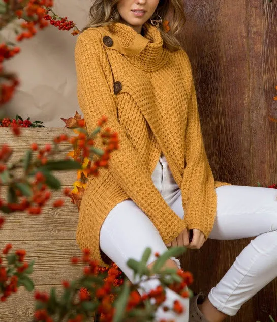 Cowl Neck Asymmetric Wrap Sweater, Camel