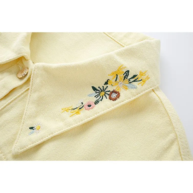 Cropped Lapel Collar Casual Embroidery Loose Fit Denim Jacket