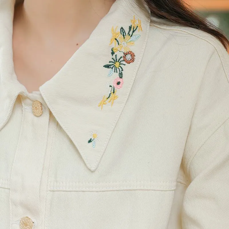 Cropped Lapel Collar Casual Embroidery Loose Fit Denim Jacket