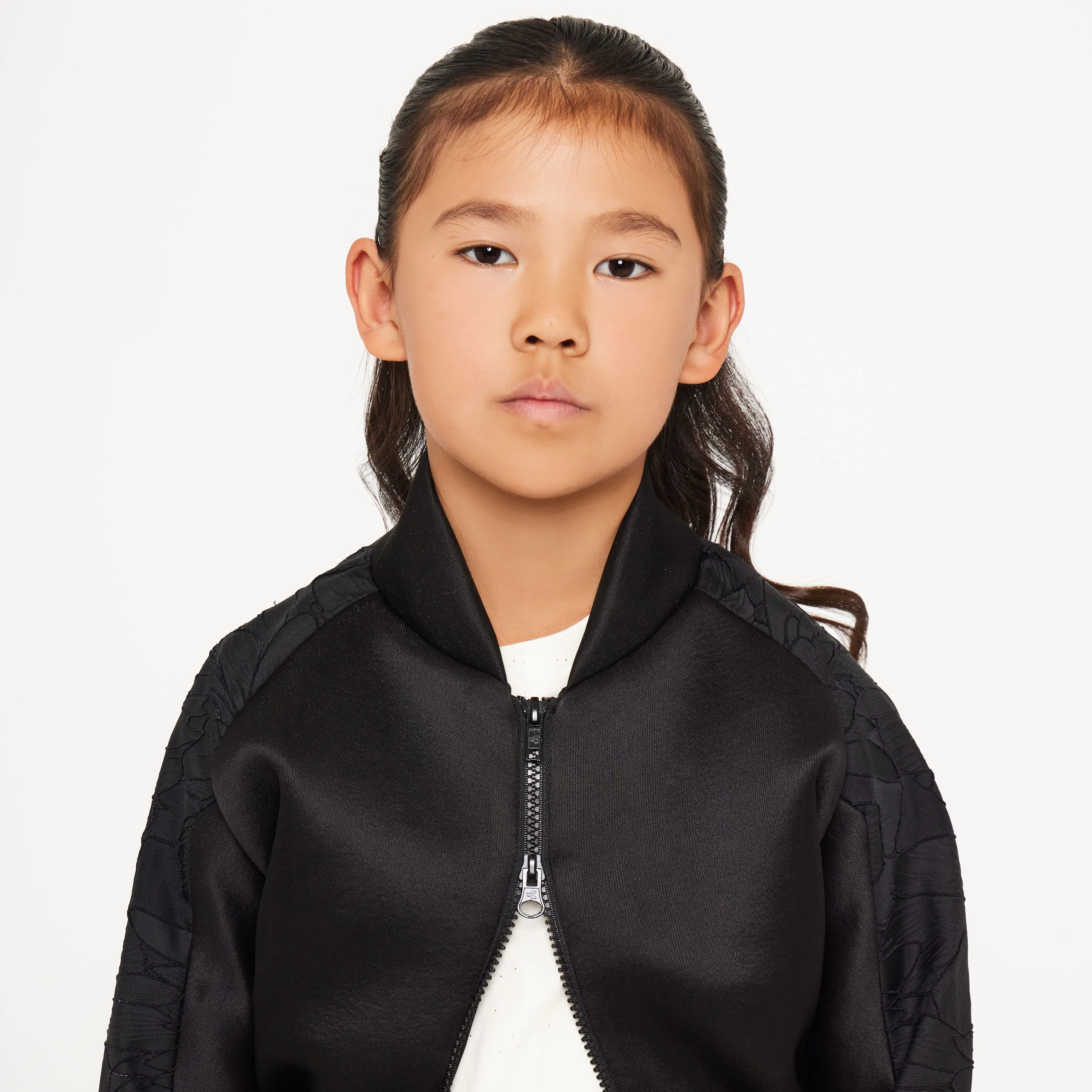 Cropped Neoprene Varsity Jacket with Jacquard Contrast