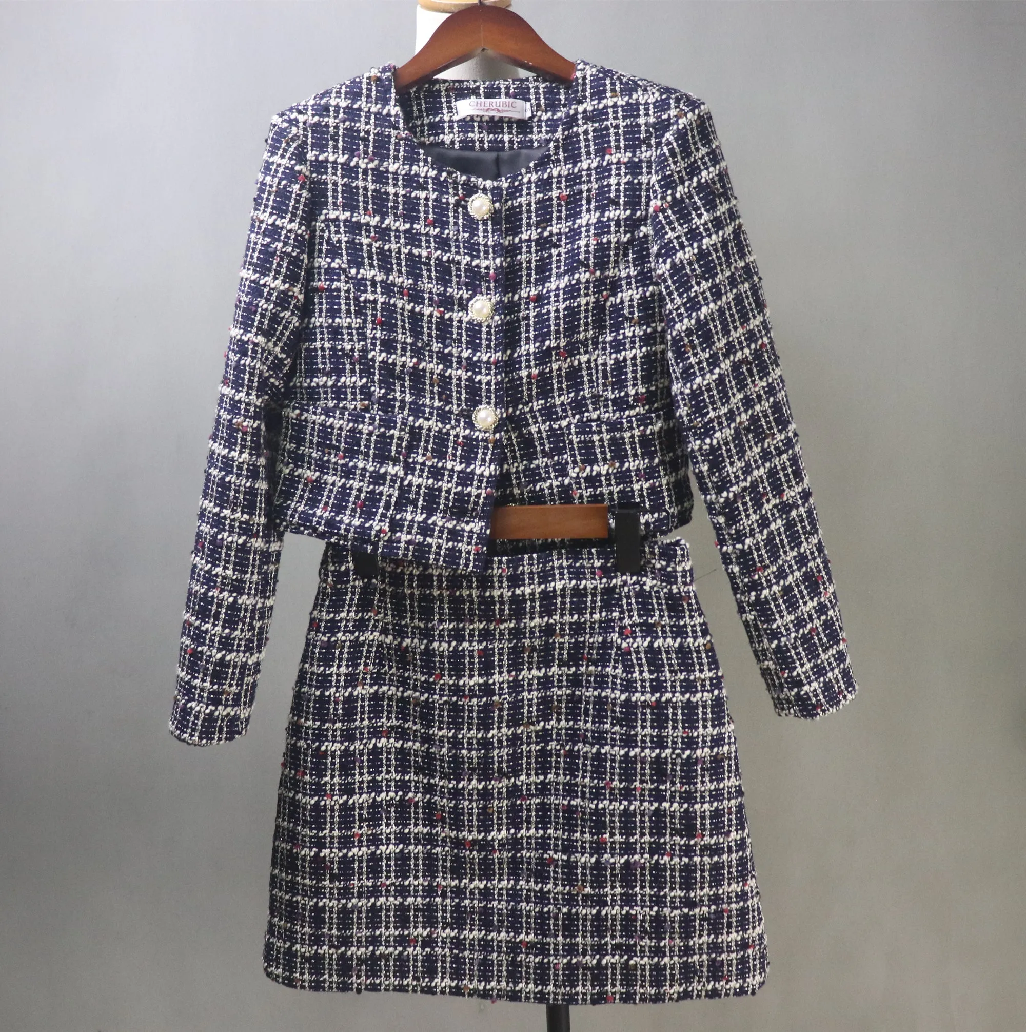 Custom Made Checked Suit Tweed Crop Jacket   Skirt Navy Suit