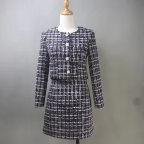 Custom Made Checked Suit Tweed Crop Jacket   Skirt Navy Suit