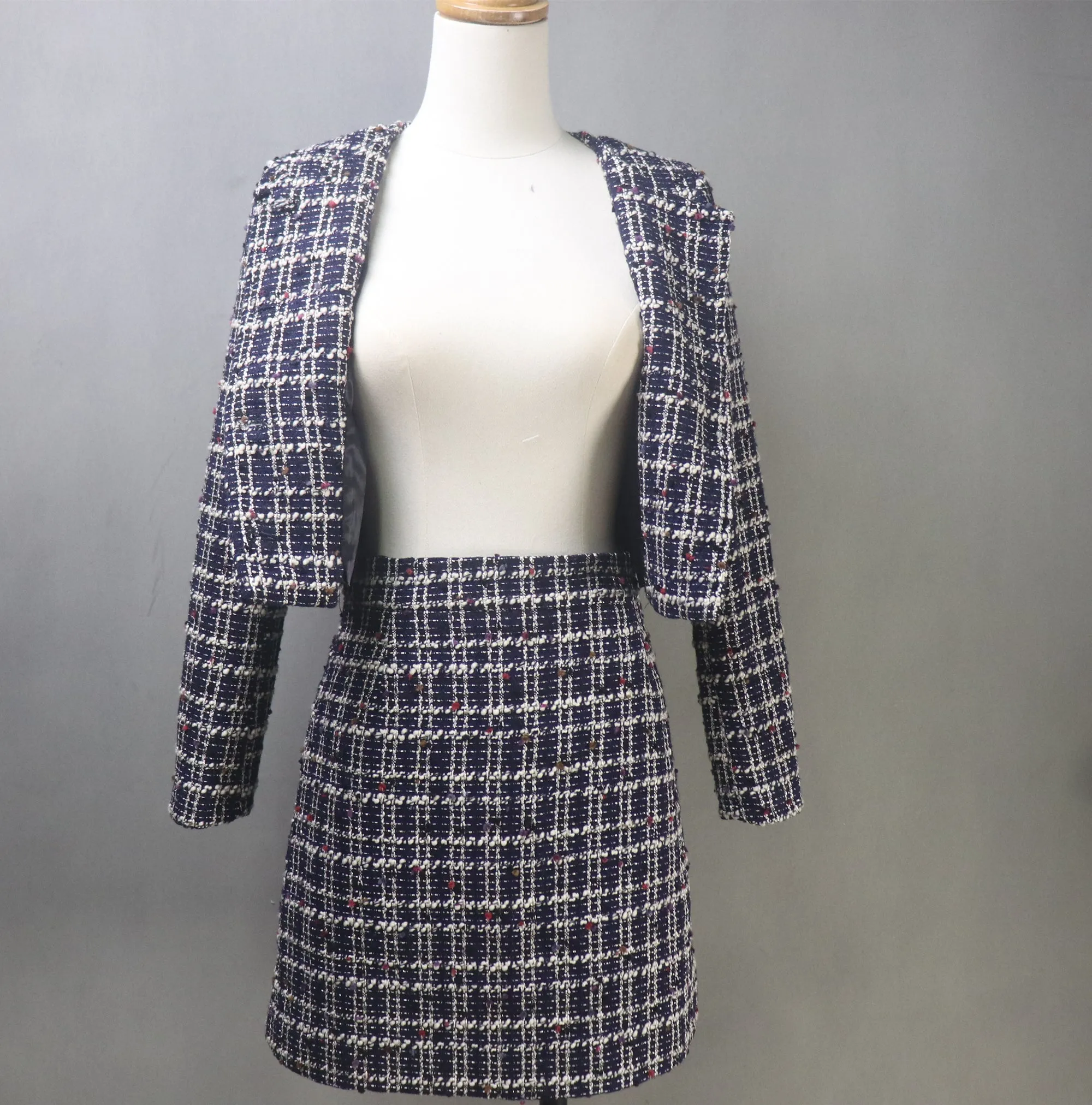 Custom Made Checked Suit Tweed Crop Jacket   Skirt Navy Suit