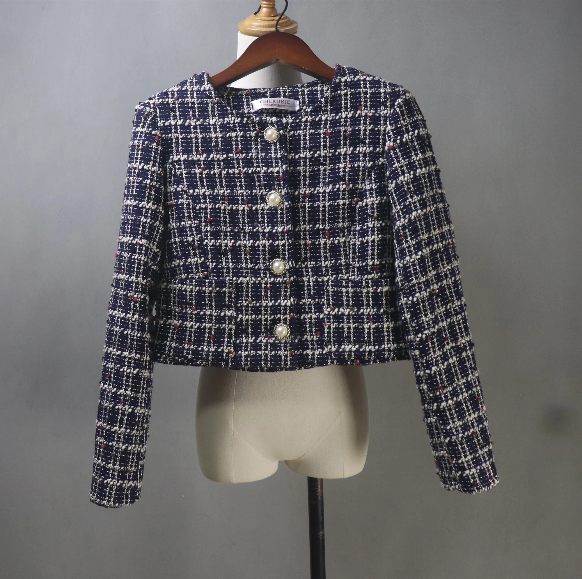 Custom Made Checked Suit Tweed Crop Jacket   Skirt Navy Suit