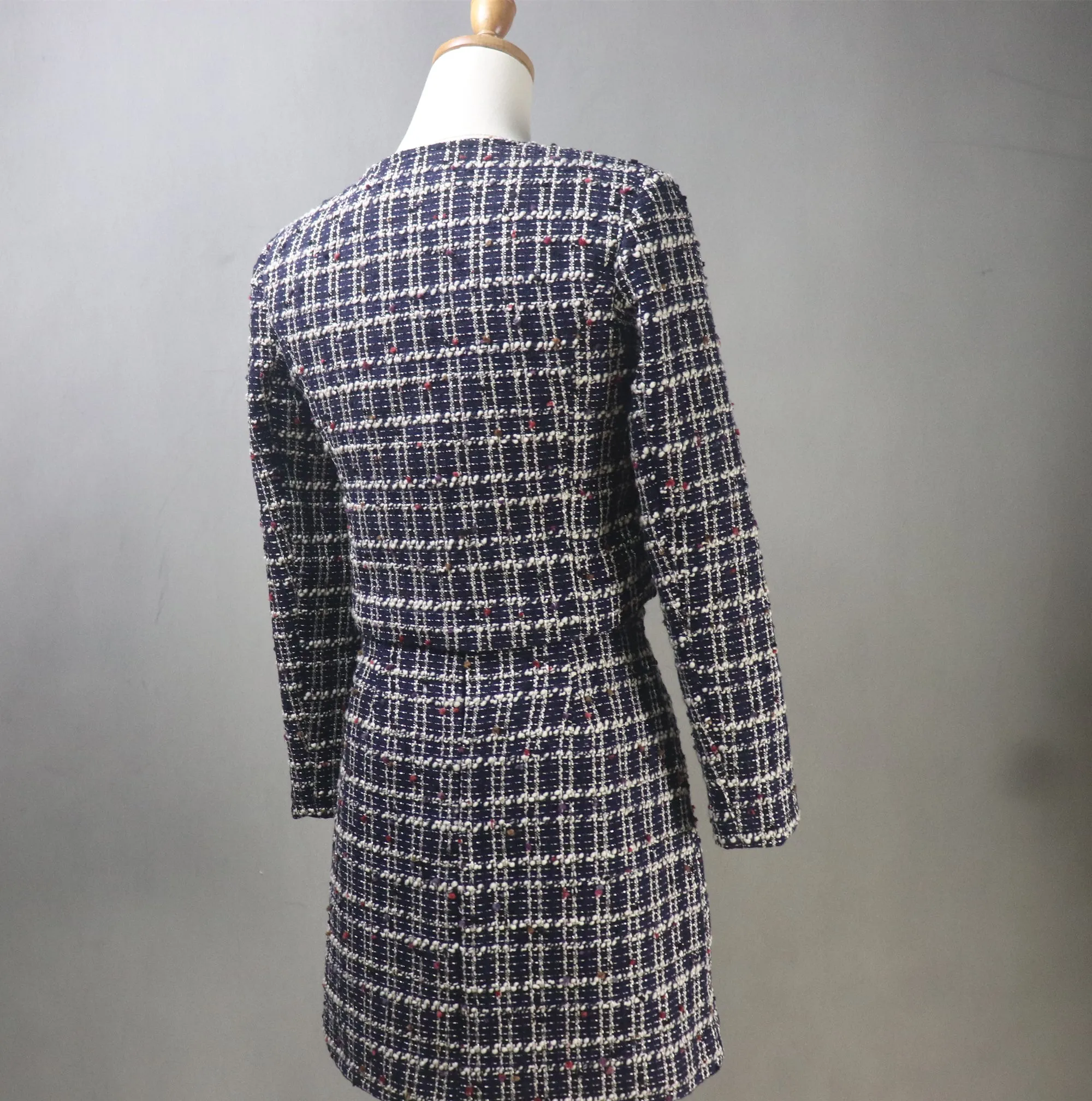 Custom Made Checked Suit Tweed Crop Jacket   Skirt Navy Suit