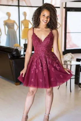 Cute V Neck Backless Burgundy Lace Short Prom Dress, Burgundy Lace Homecoming Dress, Burgundy Formal Graduation Evening Dress A1302