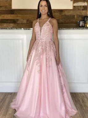 Deep V Neck Pink Lace Long Prom, Pink Lace Formal, Pink Evening