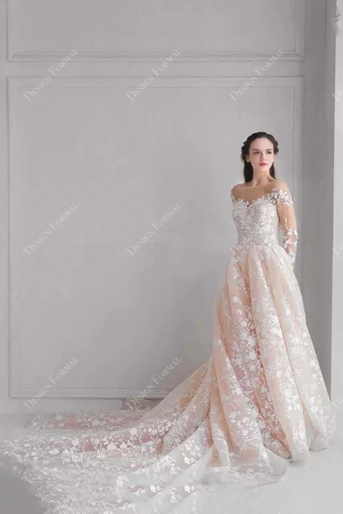 Designer Lace Illusion Off Shoulder A-line Beach Champagne Wedding Dress