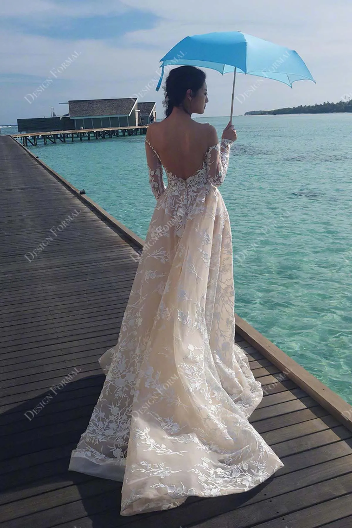 Designer Lace Illusion Off Shoulder A-line Beach Champagne Wedding Dress