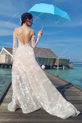 Designer Lace Illusion Off Shoulder A-line Beach Champagne Wedding Dress