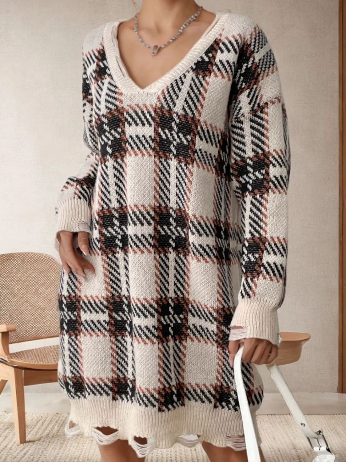 Distressed Plaid V-Neck Long Sleeve Sweater Dress