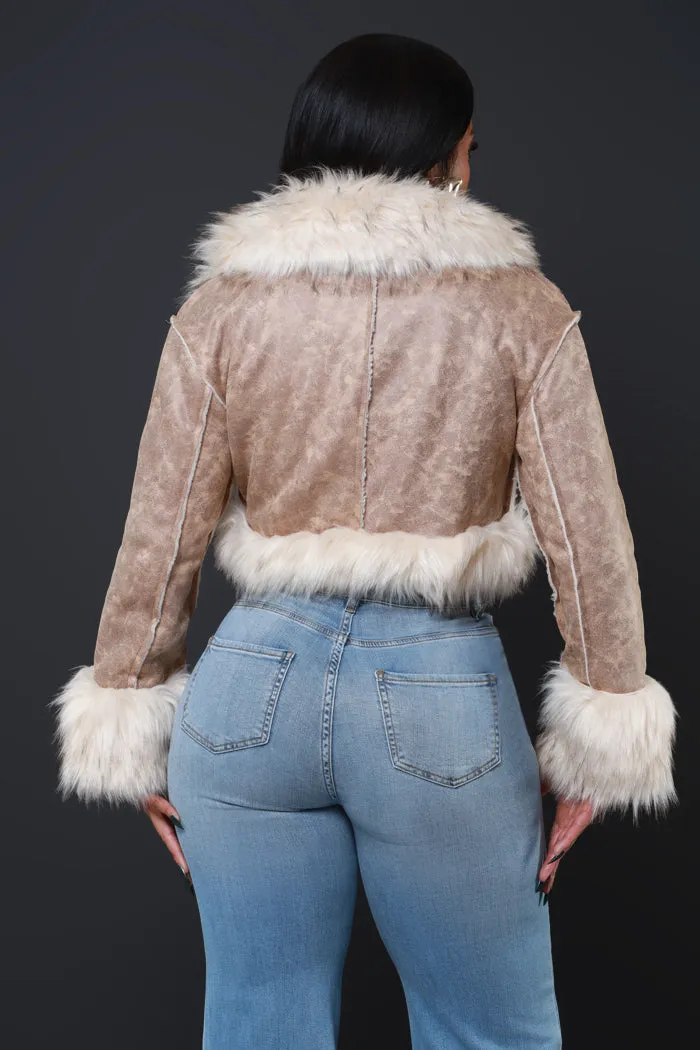 Double Shot Faux Fur Cropped Jacket - Taupe