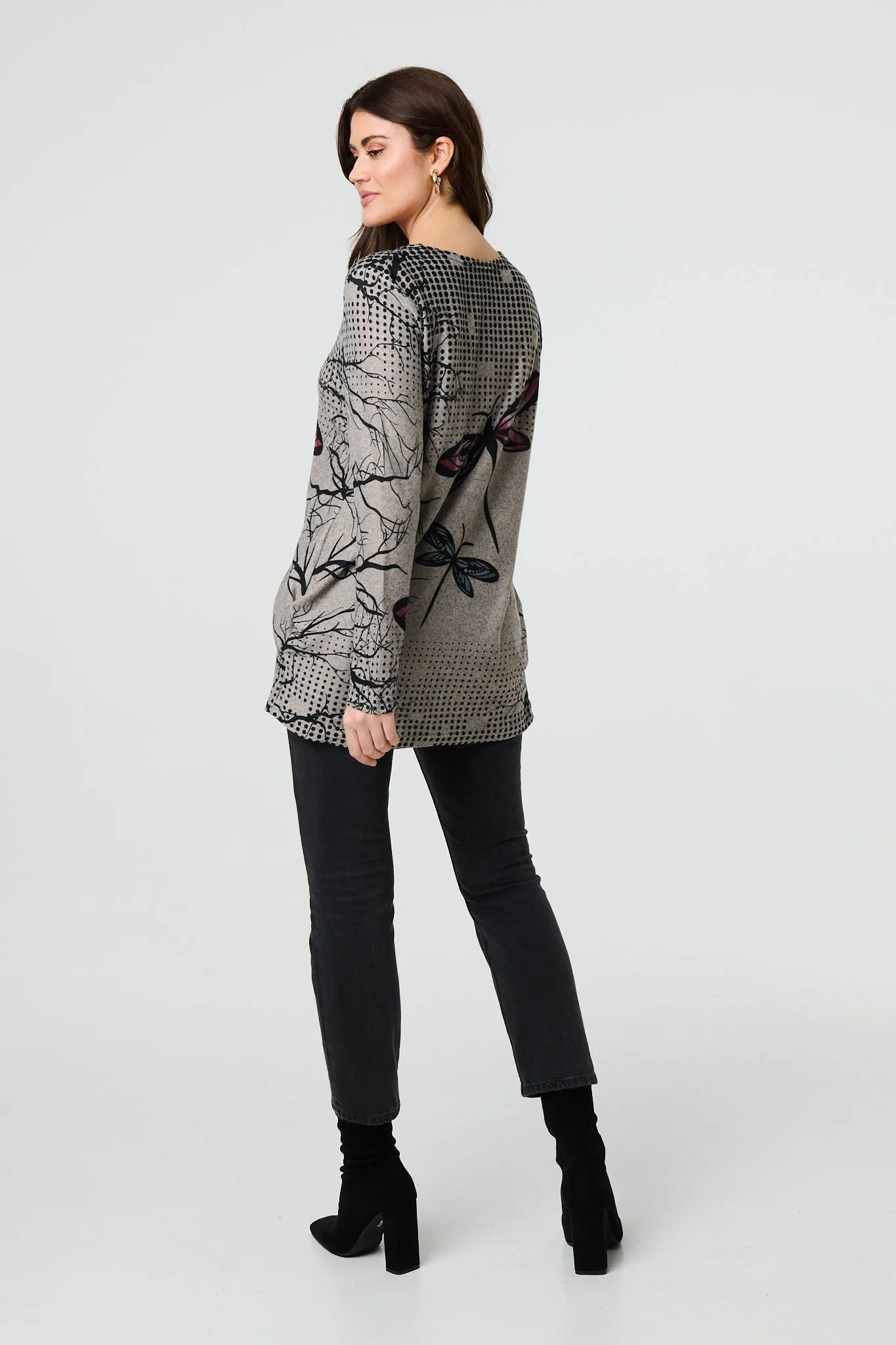 Dragonfly Print Long Sleeve Tunic Top