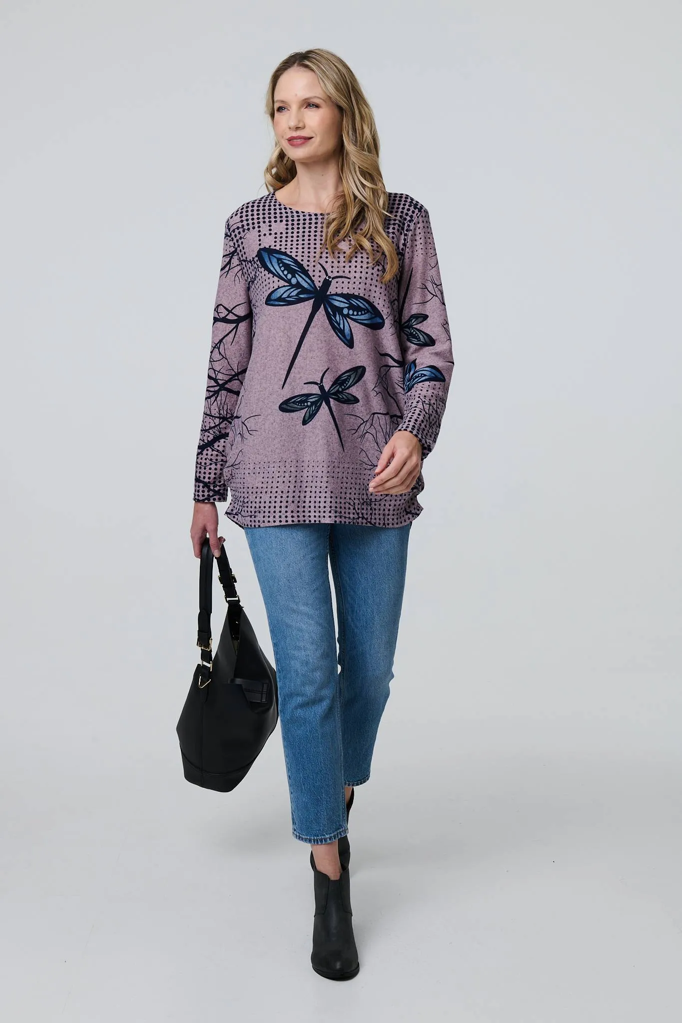 Dragonfly Print Long Sleeve Tunic Top