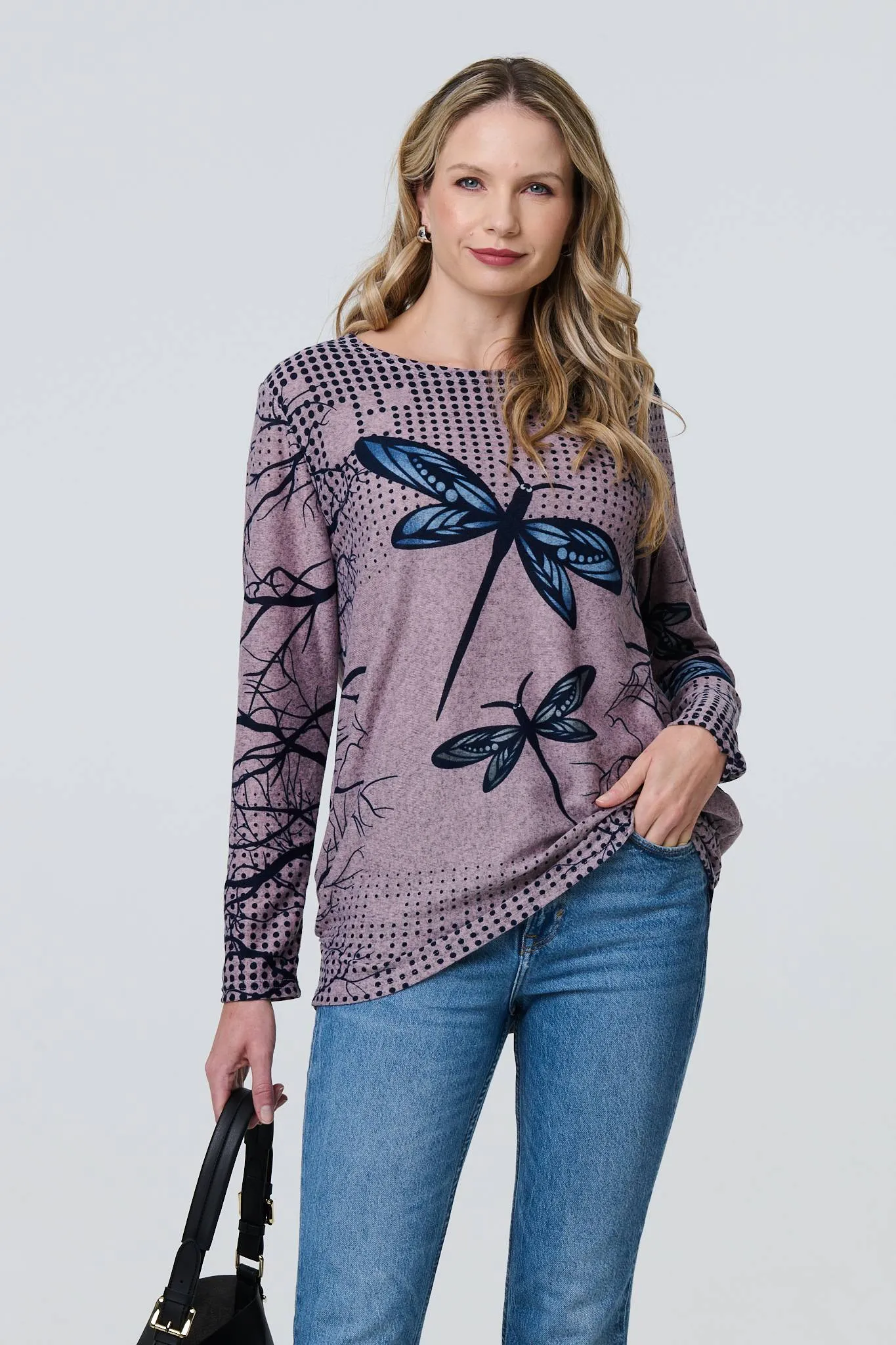 Dragonfly Print Long Sleeve Tunic Top