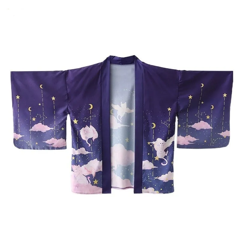 Elegant Sky Clouds Flying Cats Japanese Kimono