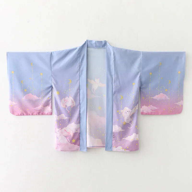 Elegant Sky Clouds Flying Cats Japanese Kimono