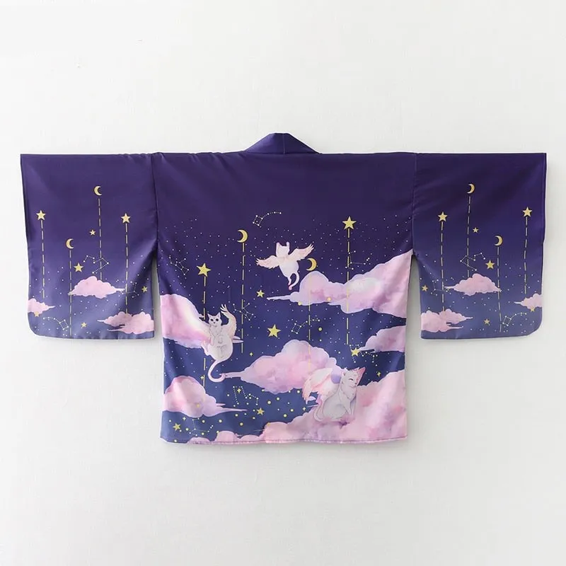 Elegant Sky Clouds Flying Cats Japanese Kimono