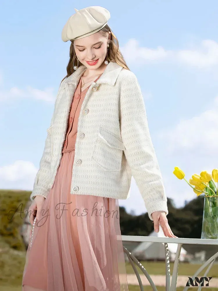 Elegant Turndown Collar Short Woolen Winter Warm Female Coat