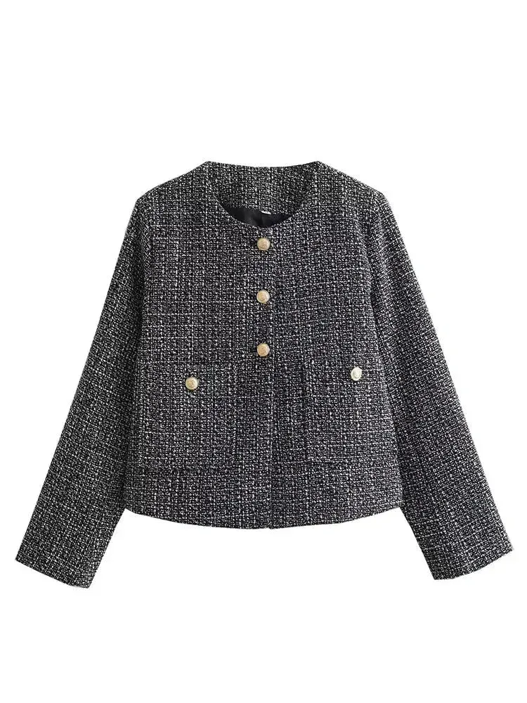 Elegant Tweed Jacket with Golden Buttons