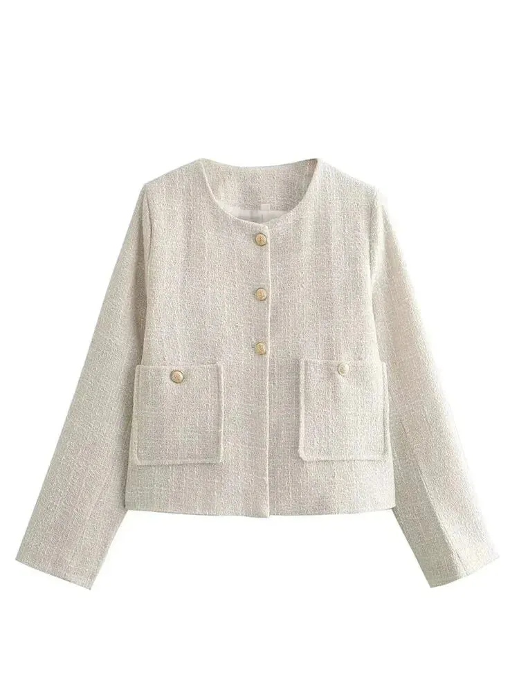 Elegant Tweed Jacket with Golden Buttons