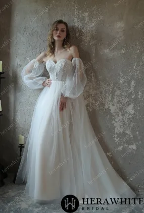 Enchanting Pleated Tulle A-line Wedding Dress with Pouf Sleeves