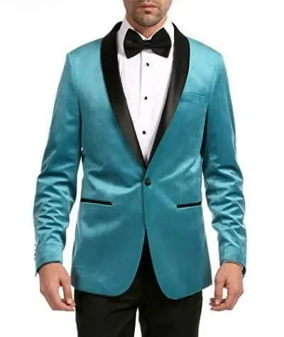 Enzo Collection-Turquoise Velvet Slim Fit Shawl Lapel Tuxedo Men's Blazer