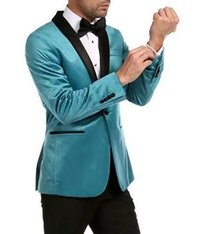 Enzo Collection-Turquoise Velvet Slim Fit Shawl Lapel Tuxedo Men's Blazer