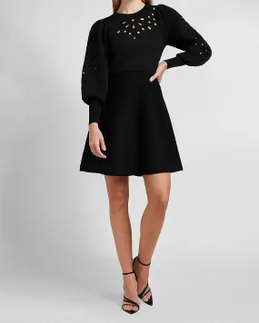 Eyelet Lace Fit And Flare Sweater Dress in Pitch Black