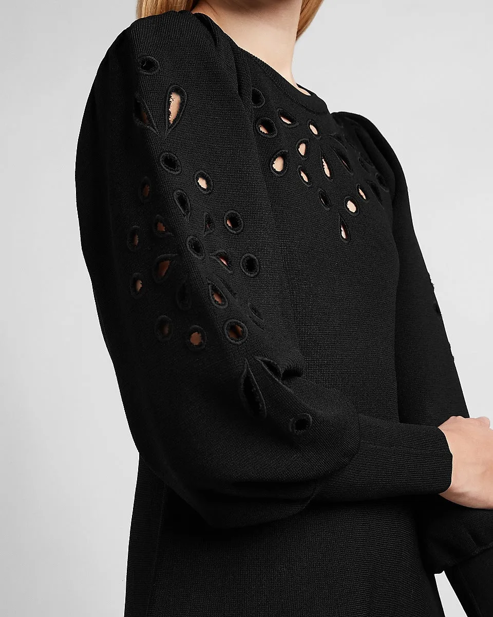 Eyelet Lace Fit And Flare Sweater Dress in Pitch Black