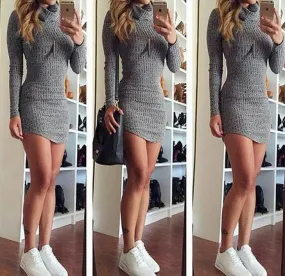 FASHION LONG SLEEVE HIGH COLLAR SWEATER DRESS