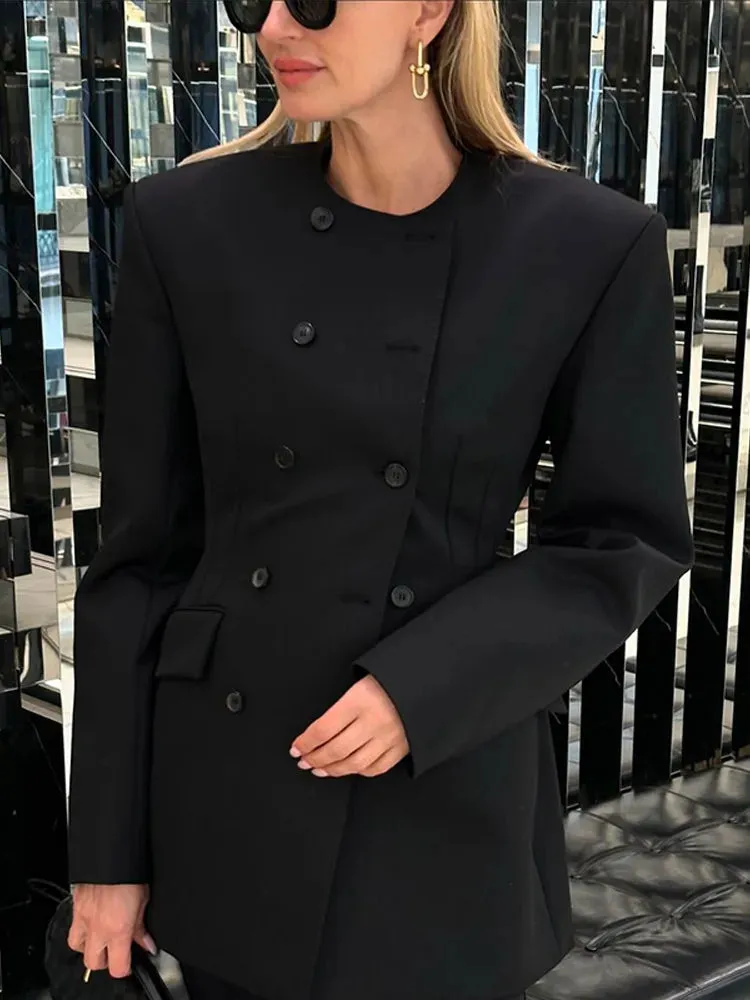 Fashionkova Christmas Gift Outfit Classic Black Round Neck Double Breasted Woman Suit Coat Chic High Waist Shoulder Pad Slim Jacket New Lady Commuter Streetwear