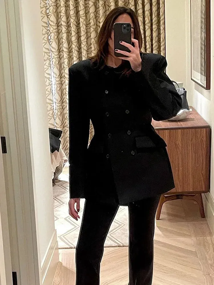 Fashionkova Christmas Gift Outfit Classic Black Round Neck Double Breasted Woman Suit Coat Chic High Waist Shoulder Pad Slim Jacket New Lady Commuter Streetwear