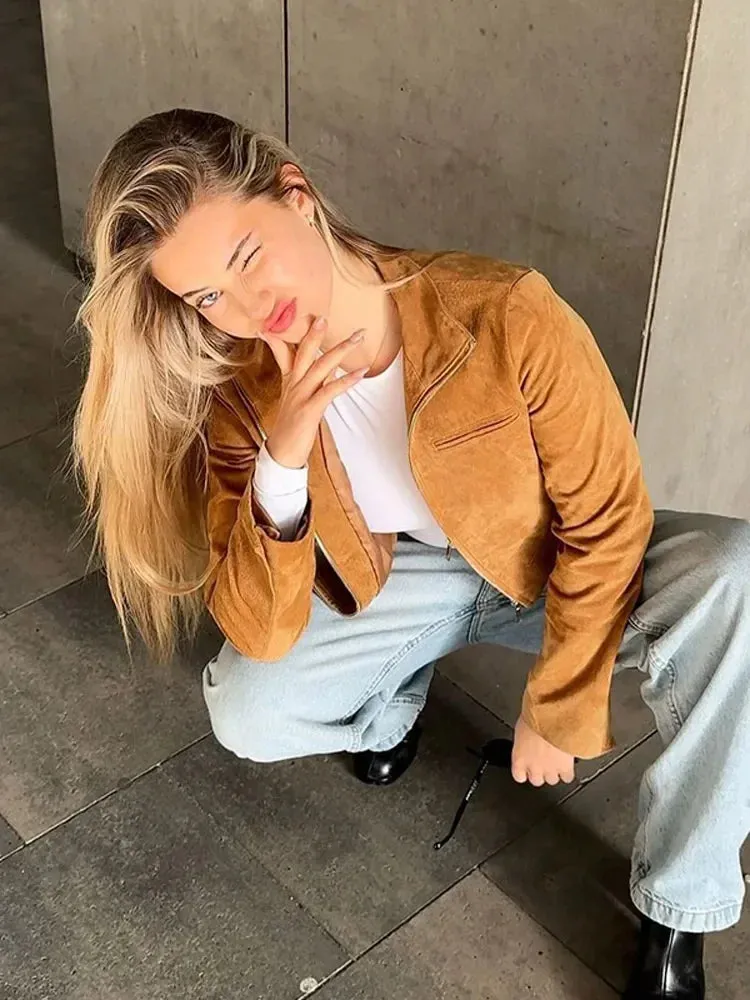 Fashionkova Christmas Gift Outfit Fashion Solid Color Full Sleeves Lady Short Jacket Elegant Zipper Suede Casual Lapel Coat New Woman Fall High Street Wear 2025