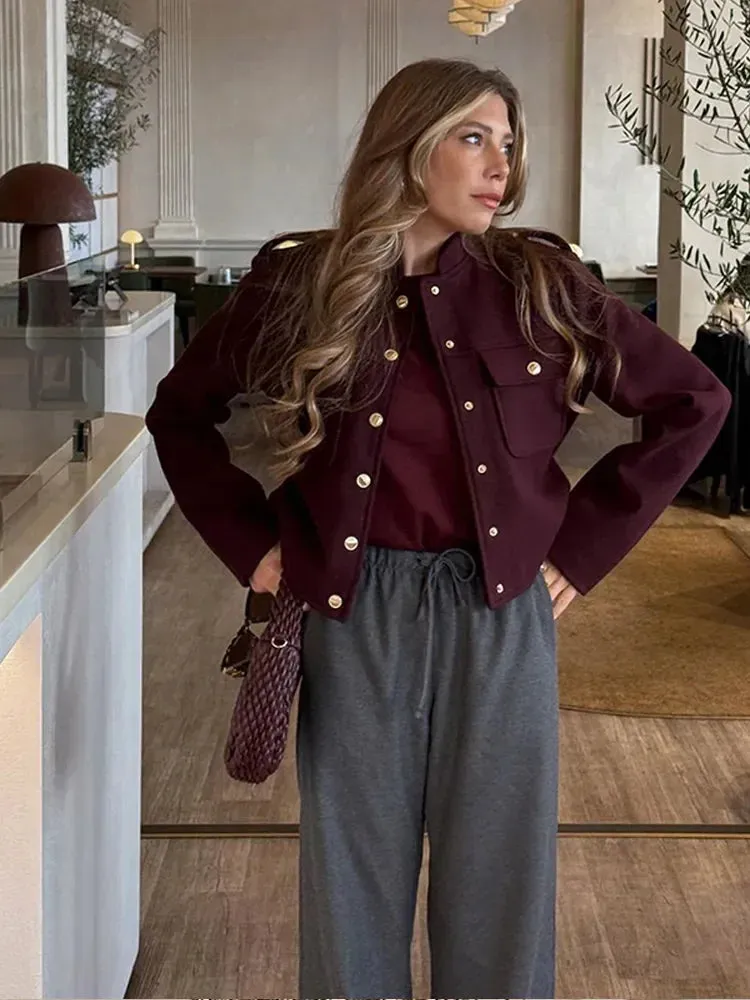 Fashionkova Elegant O Neck Burgundy Short Woolen Coat Women Fashion Long Sleeve Button Pocket Thick Jacket 2024 Lady New Highstreet Outwear