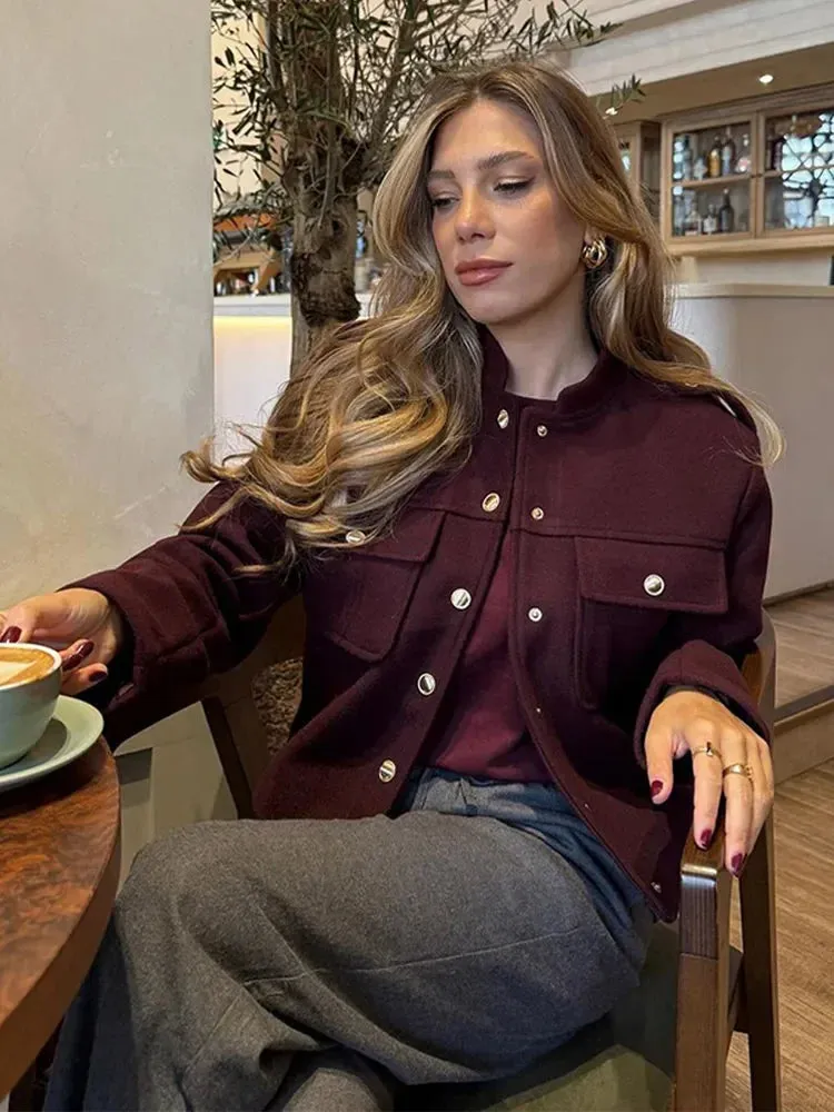 Fashionkova Elegant O Neck Burgundy Short Woolen Coat Women Fashion Long Sleeve Button Pocket Thick Jacket 2024 Lady New Highstreet Outwear