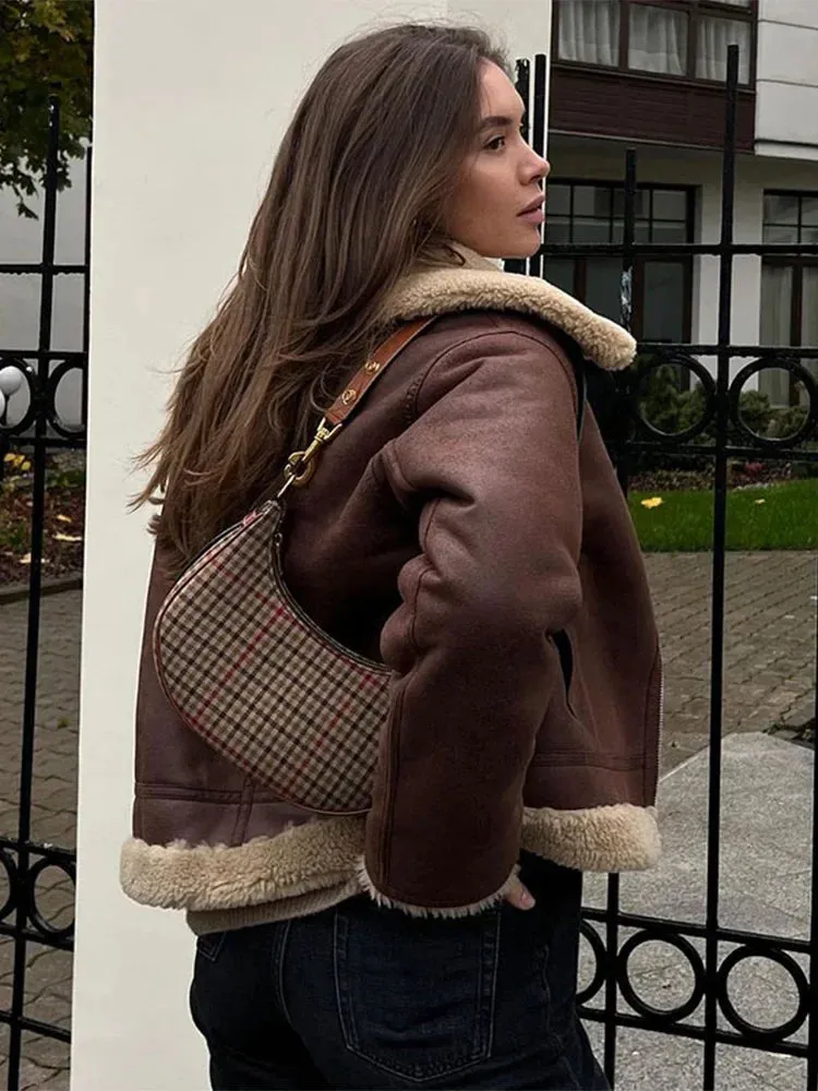 Fashionkova Elegant Solid Lamb Woolen Patchwork Leather Thicken Jacket Women Chic Lapel Long Sleeve Zipper Coat Autumn Winter Lady Outerwear