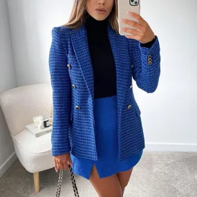 Fashionkova  Fashion Solid Double Breasted Tweed Women's Blazer Jacket Coat  Vintage Pockets Elegant Office Lady Chic Casual Outerwear