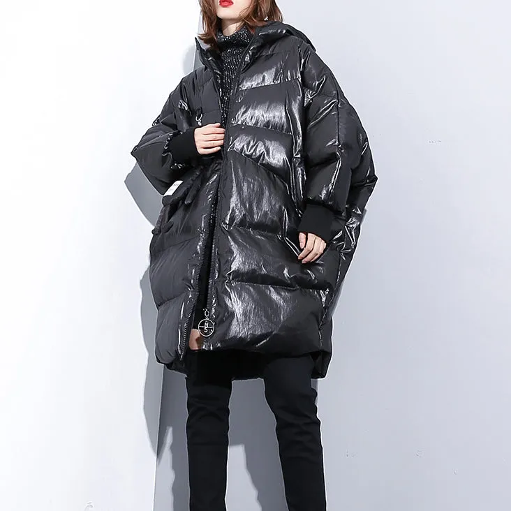 fine black down jacket plus size hooded cotton coat Elegant zippered pockets over coat