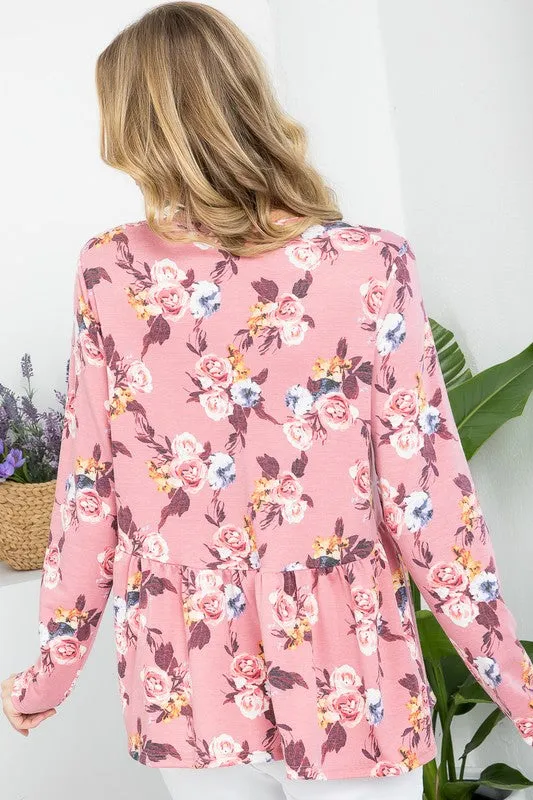 Floral Button V Neck Long Sleeve Babydoll Top