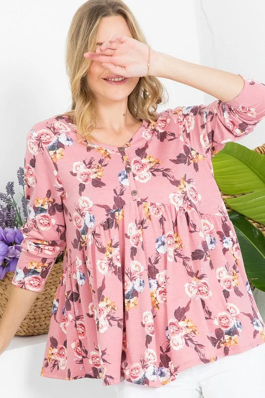 Floral Button V Neck Long Sleeve Babydoll Top