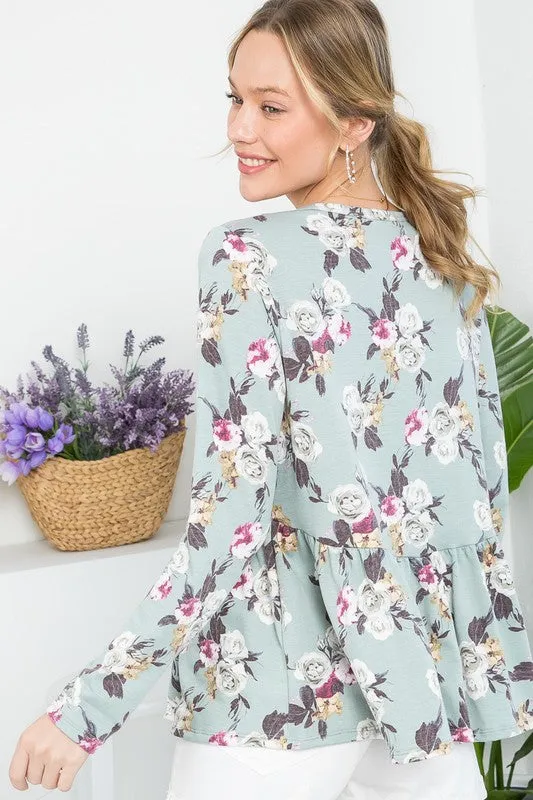 Floral Button V Neck Long Sleeve Babydoll Top