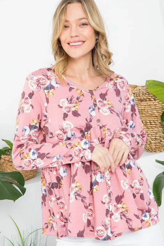 Floral Button V Neck Long Sleeve Babydoll Top