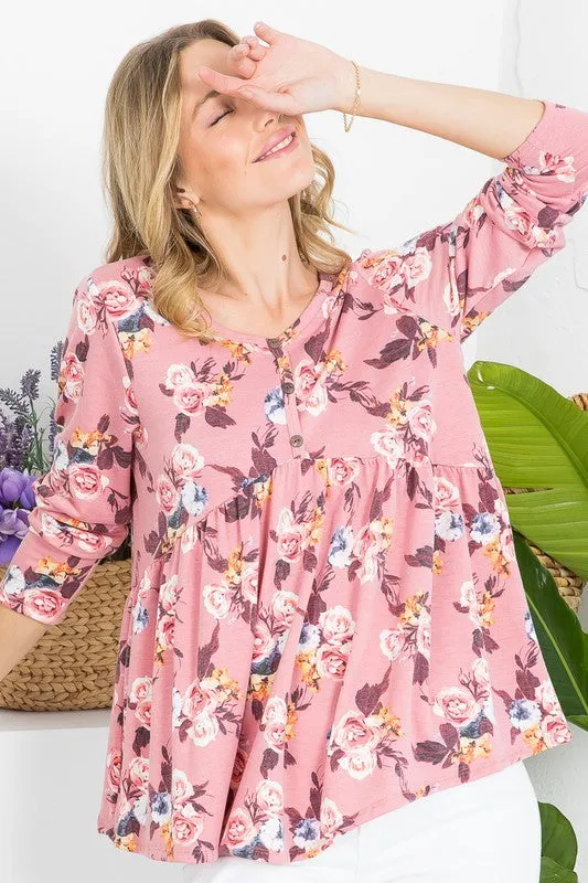 Floral Button V Neck Long Sleeve Babydoll Top