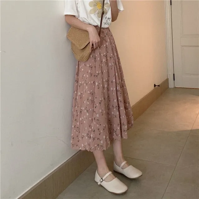 Floral Print A-line Pleated Long Skirt