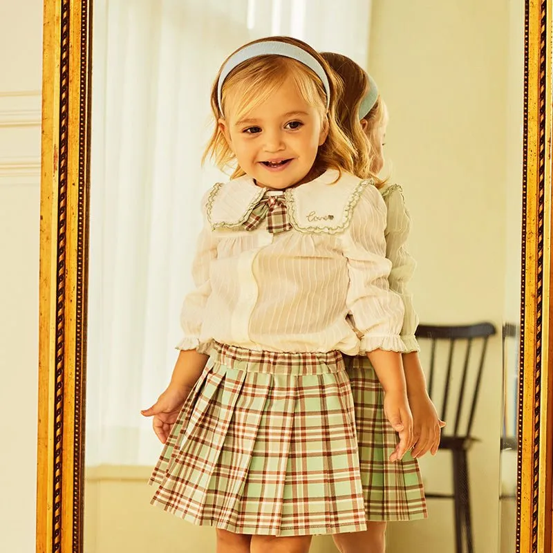 Fresh Spring Girl Two-piece White Creased Effect Shirt & Pleated Plaid Skirt Set